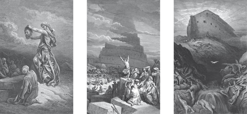 Die Themen — Gustave Doré — Judith zeigt den Kopf des Holofernes · Der Turmbau von Babel · Arche Noah – Die Aussendung der Taube