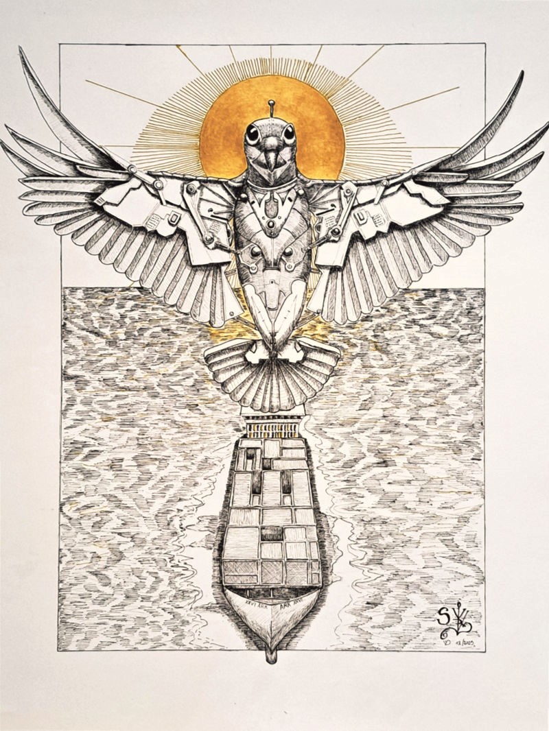 Yves De Vocht · Noah’s Dove – The Drone Ark · 2025 · Tinte-Acrylfarbe in Gold auf Papier · Blattmaß 50 × 65 cm